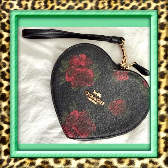 Coach Handbags - 👑✅PRICE FIRM✅ Adorable Black Leather Coach wristlet with Red Rose Print. NWOT